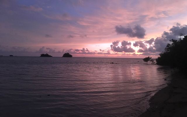 Zonsopkomst met roze wolken boven een rustige zee vanaf de kust van Taveuni