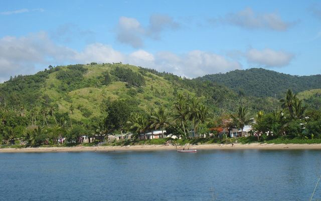 Huizen tussen palmbomen aan de waterkant in het dorp Navutulevu op Viti Levu